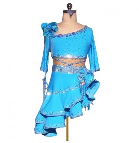 Custom Size Turquoise green competition latin dance dresses for kids girls women salsa rumba slant neack dance costumes